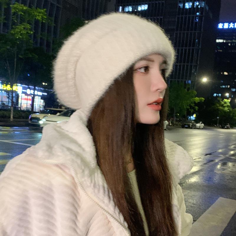 New hat women's big head circumference thickened stacking hat fashionable versatile warm show small face ear protection knitted wool hat