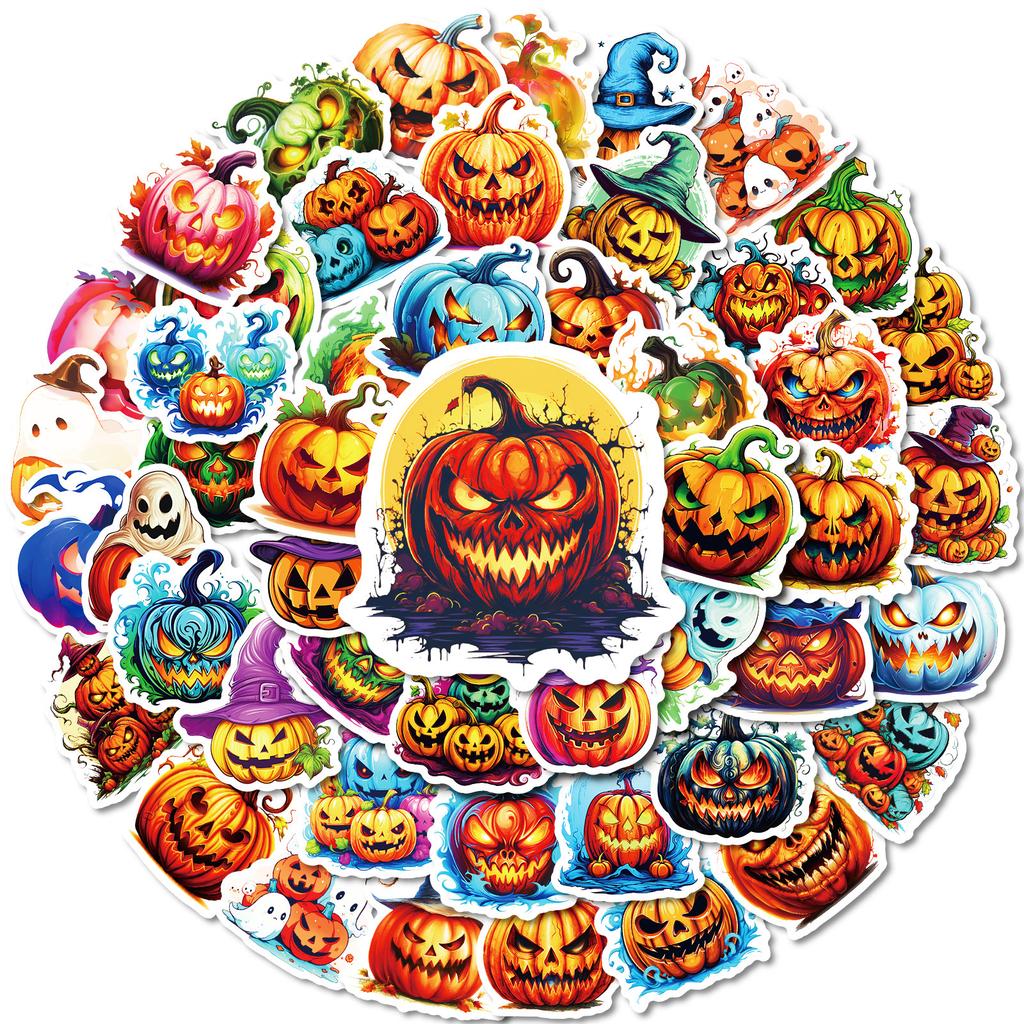 50pcs cartoon pumpkin Halloween decorative stickers, waterproof creative graffiti horror stickers, decorative gifts for kids