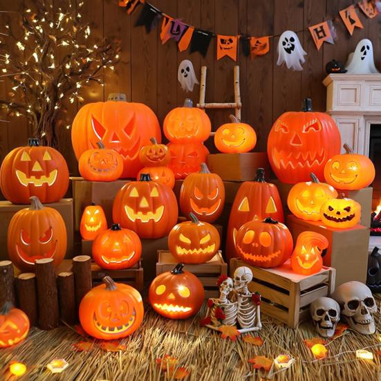 Halloween Pumpkin Light Spooky Carved Plastic Pumpkin Lantern Light-up Pumpkin Figurine for Outdoor Indoor Porch Room Decoration
