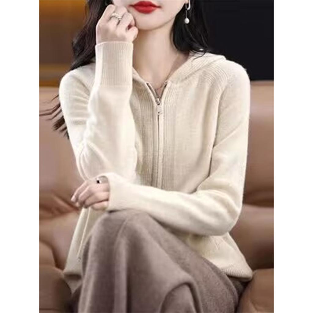 Herbst Reißverschluss Strickjacke Jacke Damen Lässig Einfarbig Kapuze Kaschmir Pullover Mantel Weiblich Wild Stricken Oberteile