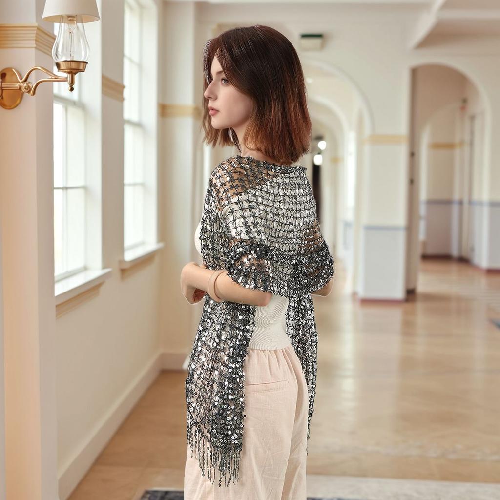 Vintage Golden Sparkle Fringe Scarf Party Shawl Women Luxury Headscarf Sequin Deco Wraps Fringed Bride Bridesmaid Wedding Cape