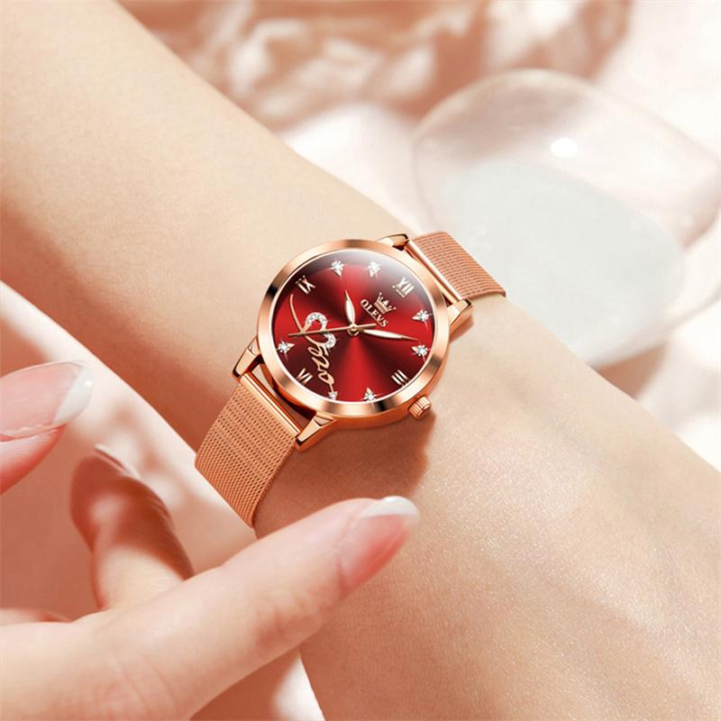 OLEVS Elegant Rose Gold Women Watch Love Heart Rhinestone Milanese Mesh Band Waterproof Dress Quartz Wristwatch For Ladies