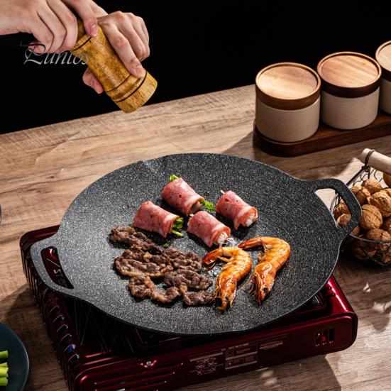 Korejská BBQ grilovací pánev s nepřilnavým kulatým pekáčem pro vnitřní vaření, grilovací plech s rukojeťmi, litinová pánev pro domácí kempování
