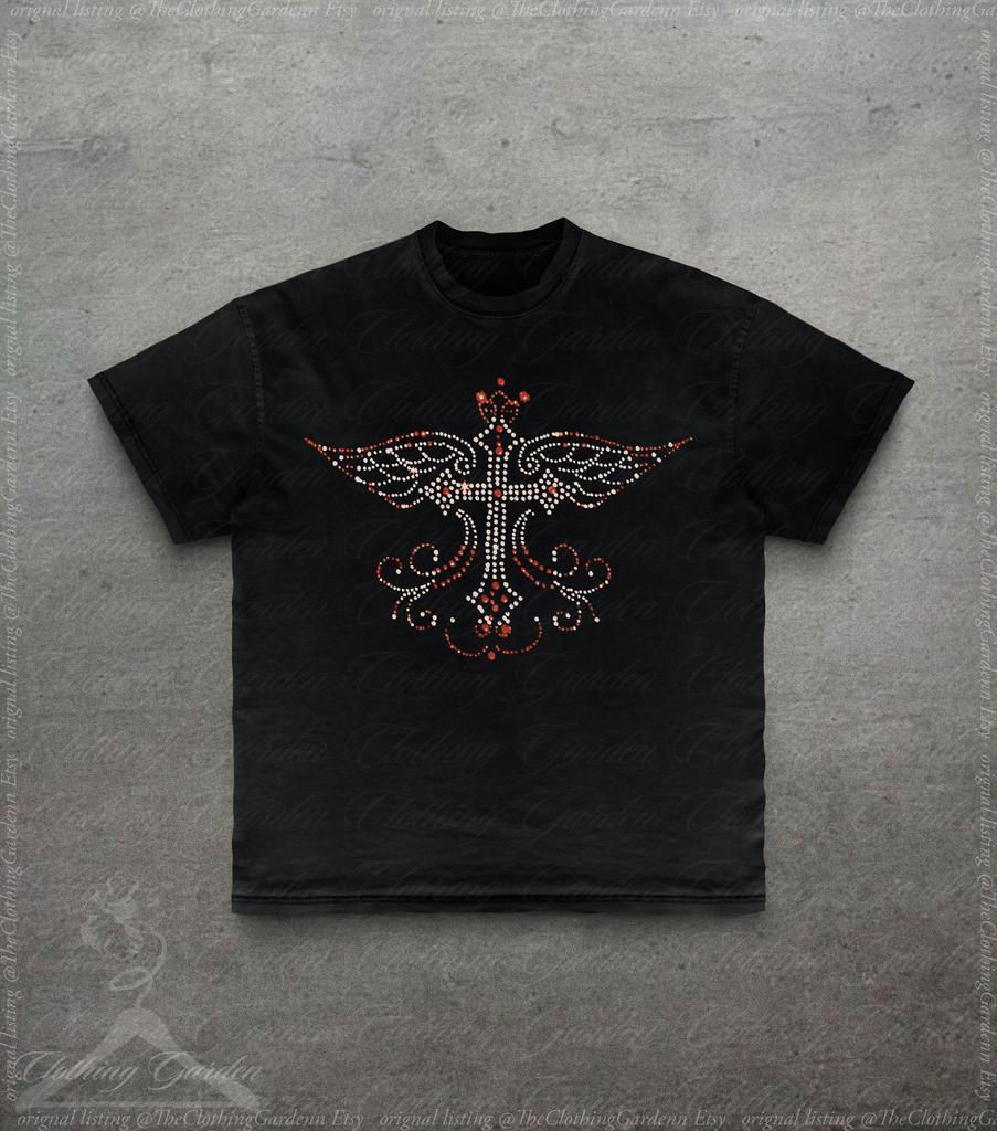 Grunge Rhinestone Cross Graphic Tee, Y2K Bedazzled Angel Wing T-Shirt for Men Women, Crystal Cross Top, Emo Alt Gothic Clothing, Unisex
