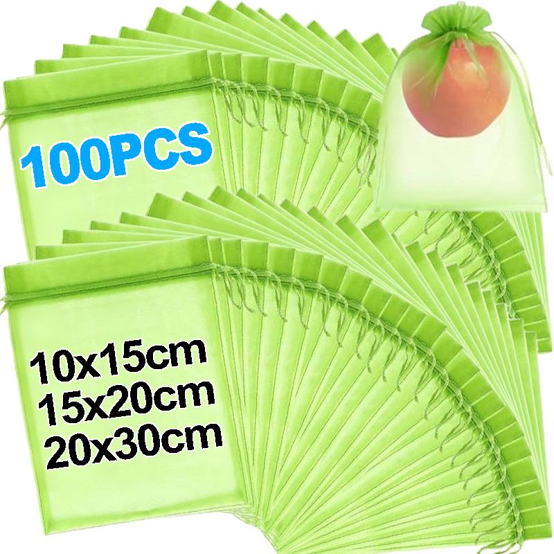 100/10PCS Fruit Insect-proof Gauze Bags Fruit Netting Cover Drawstring Mesh Bags Protect Fruit Vegetable From Birds and Insect
