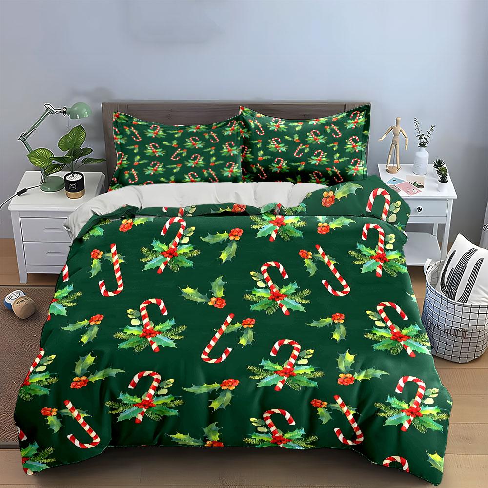 Candy Cane and Holly Pattern Bedding Duvet Cover Set Duvet Cover Pillowcases  (1*Duvet Cover 2*Pillowcases, without duvet insert)