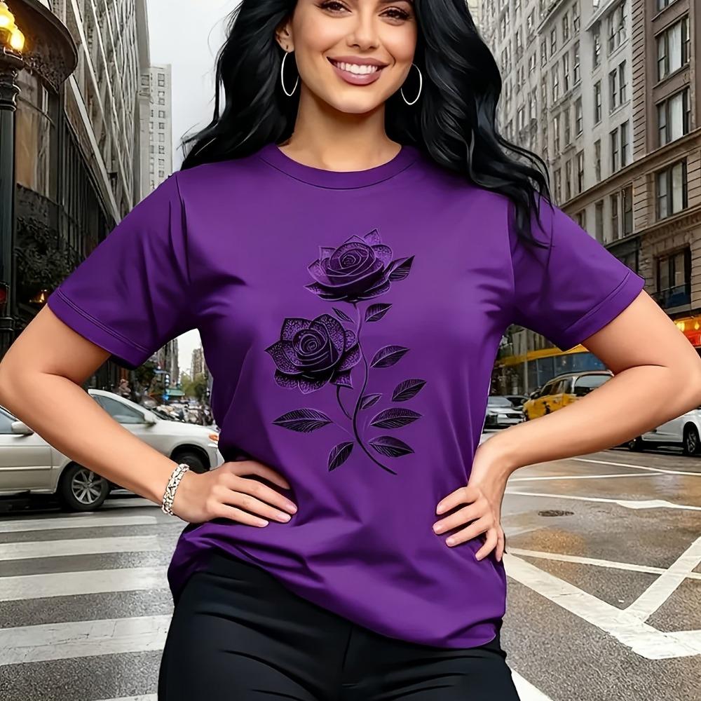 Elegant Women S T-Shirt | Unique Rose Pattern - Casual Crew Neck Top | Breathable, Lightweight, Perfect for Spring and Summer S