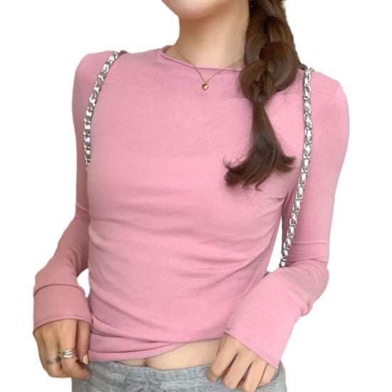 Women T-shirt Round Neck Long Sleeve Slim Fit Solid Color Tops Soft Stretchy Tee Shirt Work Party Casual Wear