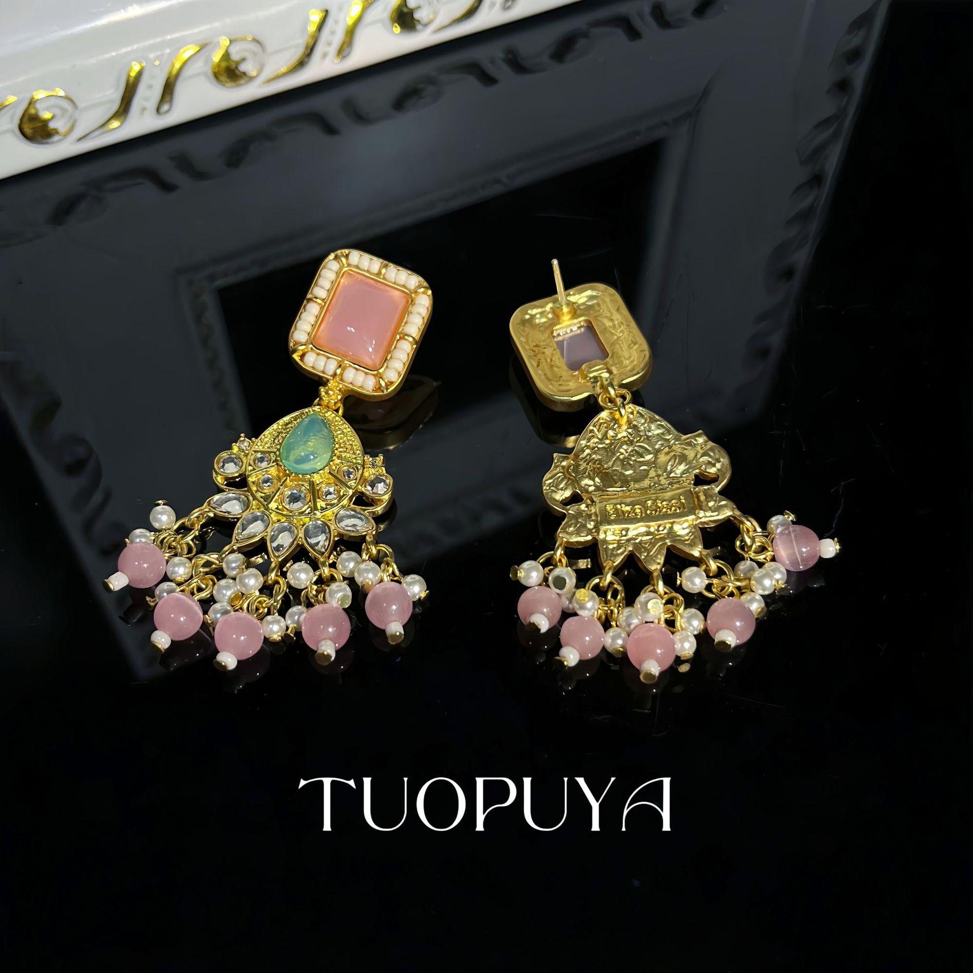 Ethnic Rhinestone Green & Pink Bead Earring Set with Fresh Multi-layer Necklace