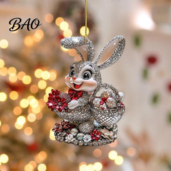 Lightweight Acrylic Rabbit Figurine Easter Bunny Pendant, Cute with Basket, 2D Car Party Favors Rearview Mirror Hanging Ornament, Bag Keychain
