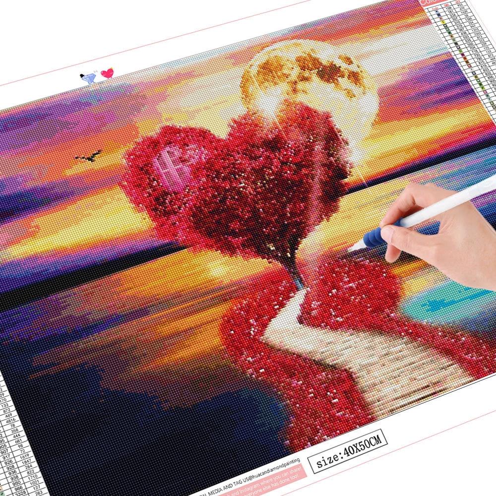 Full Square Diamond Painting Tree Heart 5D DIY Diamond Embroidery Cross Stitch Landscape Sunset Mosaic Wall Art Decor