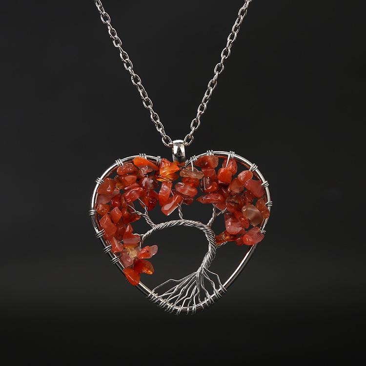 Seven-Color Heart-Shaped Tree of Life Necklace with Natural Stone Crystals