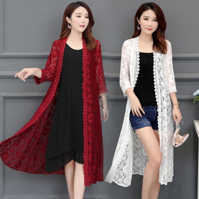 Women Lace Cardigan Mid-length Summer Mesh Shawl Loose Over-the-knee Sun Protection Clothing Women Jacket Shirt Outerwear