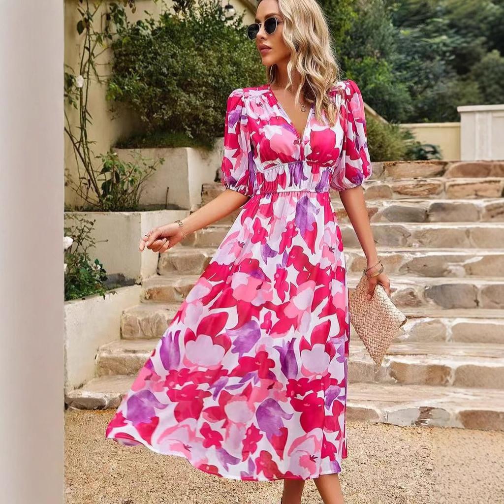 Floral Print V Neck Dress With Short Lantern Sleeves For Casual Female Wear