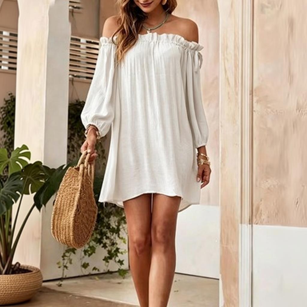 Women's Off-Shoulder Long Sleeve Loose Fit Straight Dress for Everyday Casual Wear