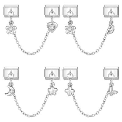 Flowers Moon Star Butterfly Heart Zircon Tassel Chain Italian Charm Links Fit 9mm Bracelet Stainless Steel DIY Jewelry Making