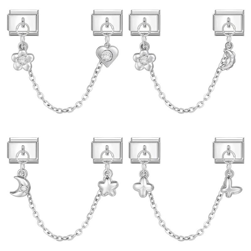 Flowers Moon Star Butterfly Heart Zircon Tassel Chain Italian Charm Links Fit 9mm Bracelet Stainless Steel DIY Jewelry Making