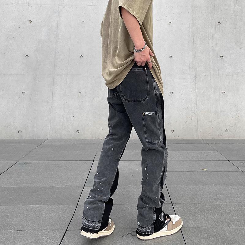 Pánské retro high-streetové rozšířené džíny s barevným blokováním a distressed úpravou