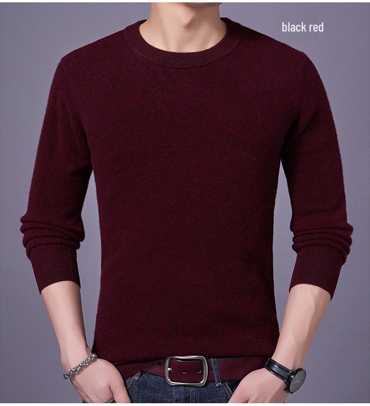Men's Pure Wool Round Neck Base Layer Sweater - Solid Color Versatile Knitwear for Autumn/Winter