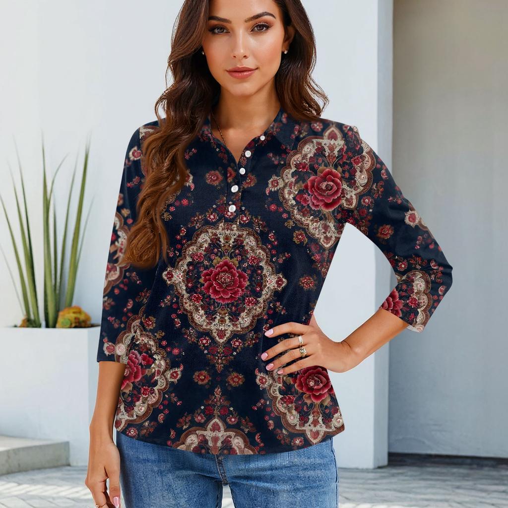 Women's Fashion Casual Lapel Short 3/4 Sleeve Print Shirt Women's Button Up Tops