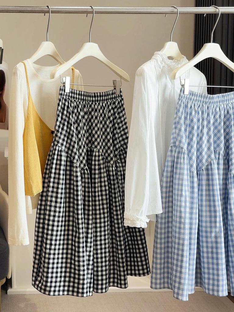 Women's Irregular Spliced Plaid A-Line Skirt - Pear-Shaped, Hip-Covering, Large Hem, Spring/Summer Style