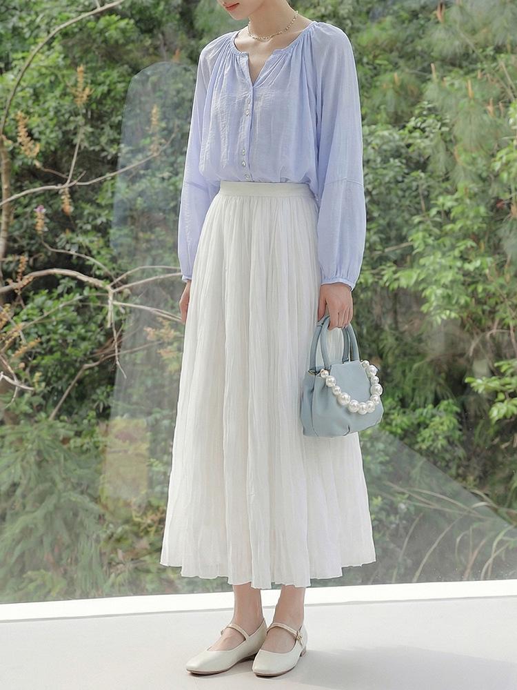 Feiyuan Women's Versatile Pleated Mesh Midi Skirt - Early Spring, Breathable, Large Hem, Commuter Style.