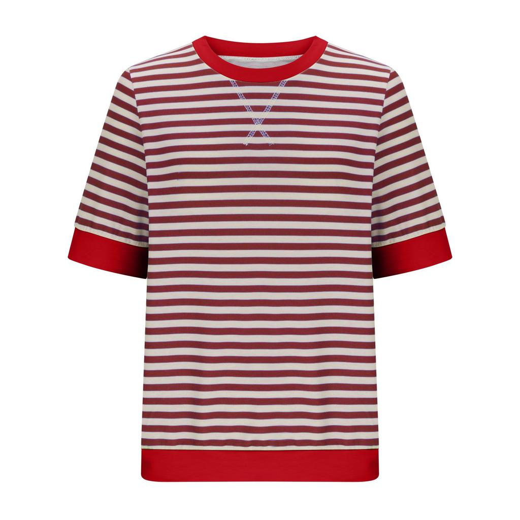 Women's Summer Striped Print Short Sleeve Round Neck T-Shirt Clothes Sale