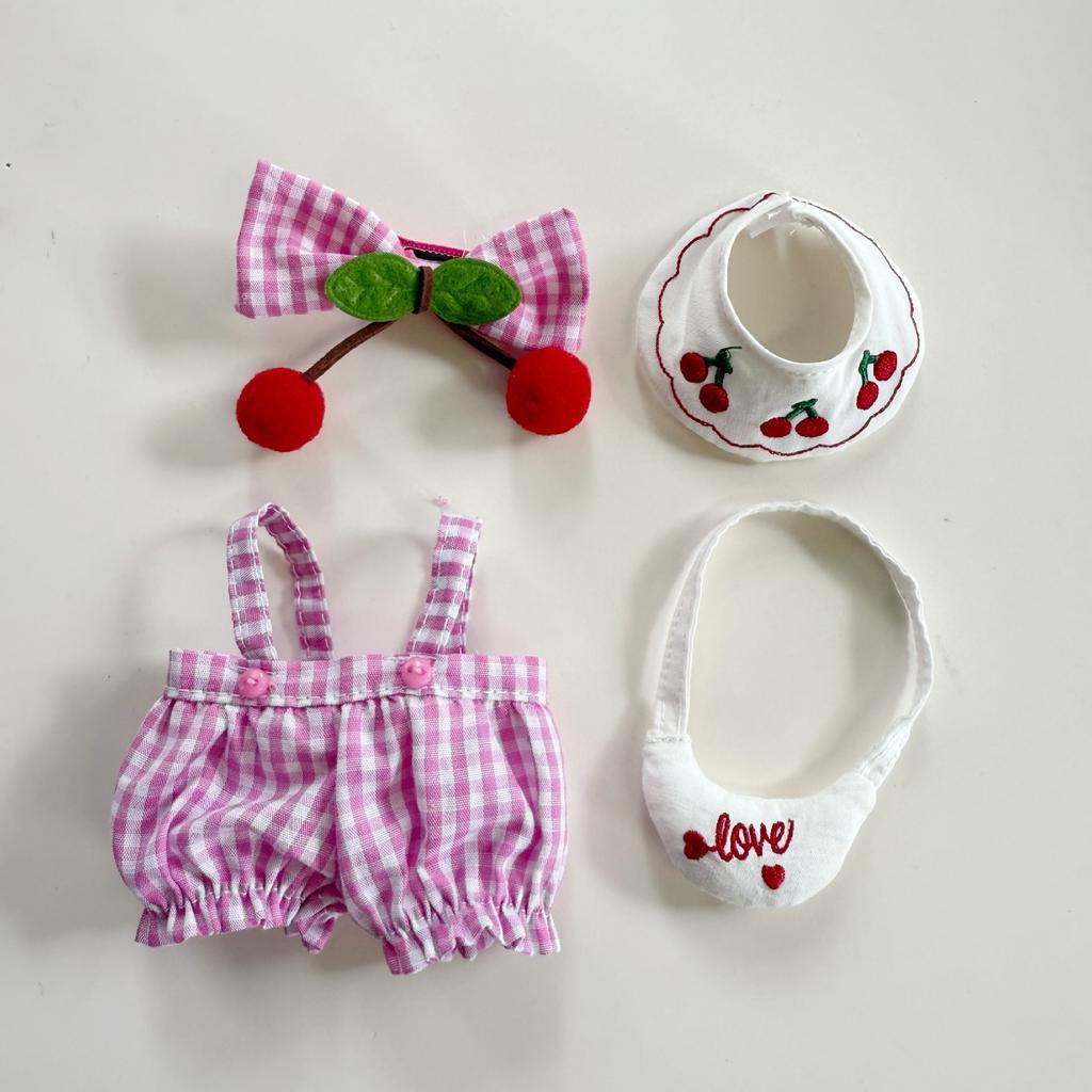 Labubu Clothes 15/17cm V1/2/3 Doll Cherry Themed Rompers Headwear Scarf Bag 4PCS/Pack Plush Cotton Doll Decoration Accessory