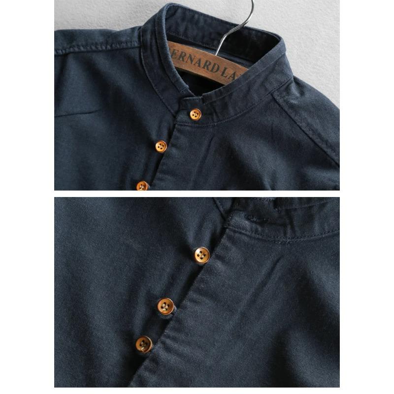 Japan Style Mens Linen Cotton Shirt Harajuku Stand Collar Long Sleeve Slim Fit Solid Color Male Casual Breathable Classical Tops