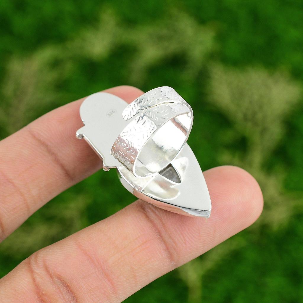 Natural Plume Agate Skull And Bone Adjustable Ring 925 Silver For Girls