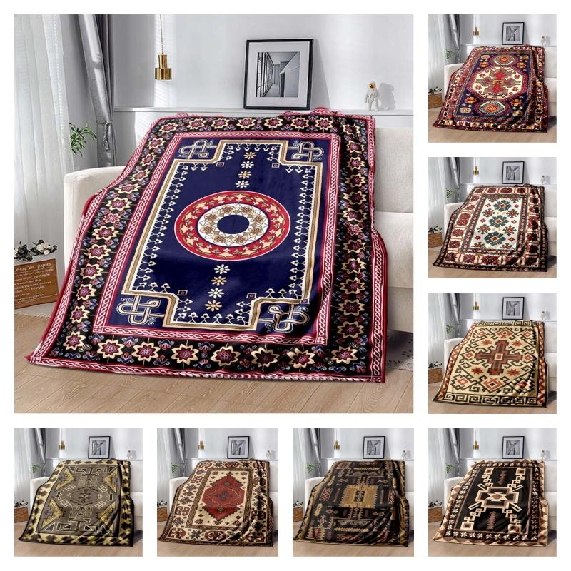 Vintage Kilim Tribal Geometric Print Flannel Blanket, Soft Cozy Throw for Bed Sofa, Ethnic Home Decor