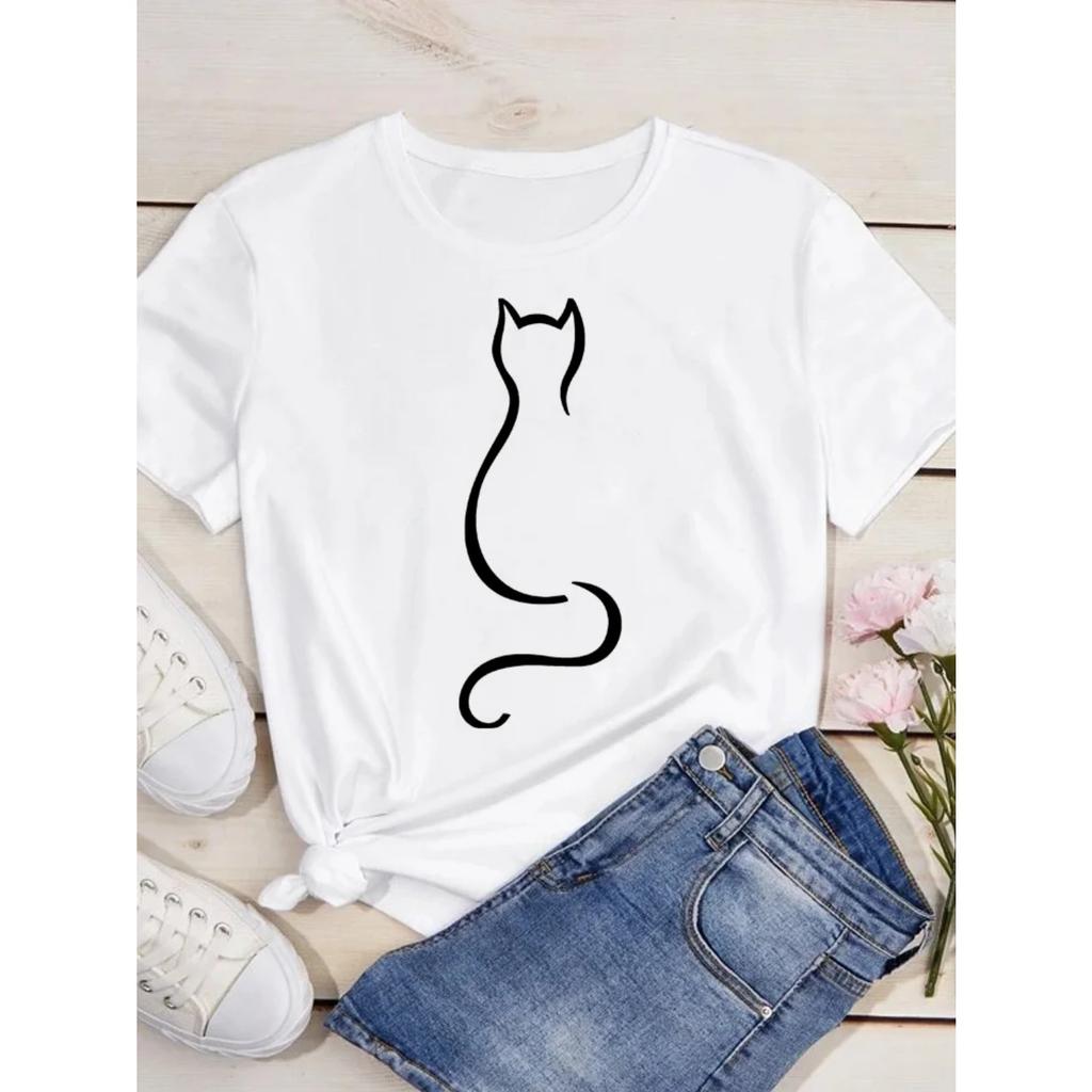 Cute Cat Print Women's T-shirt Casual Short-sleeved Blouse Summer Women's Cartoon Street Wear Y2k Clothing