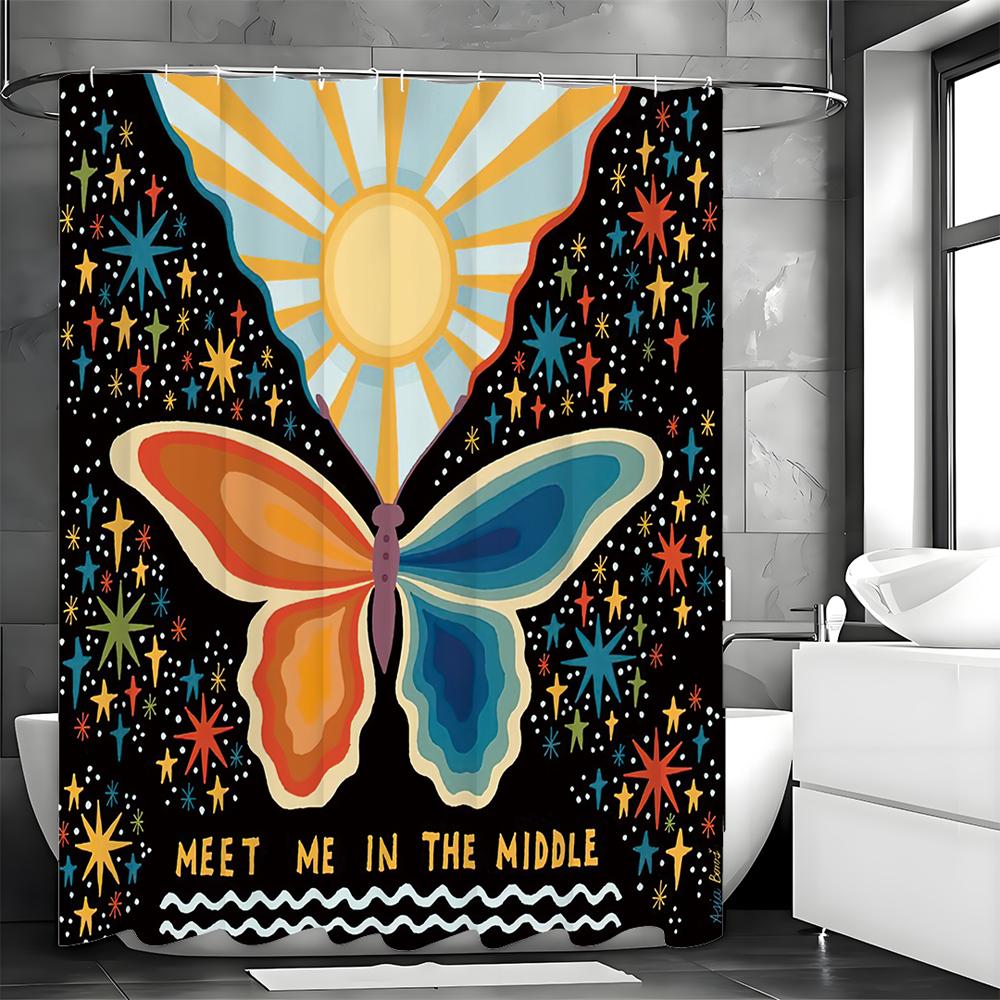Butterfly Sun Star Shower Curtain, Bathroom Decorative Shower Curtain, Waterproof Shower Curtain with Hooks