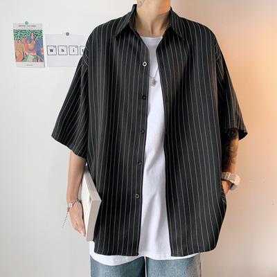 Summer Vintage Vertical Stripe Half Sleeve Shirt Men's Versatile Oversize Shirt