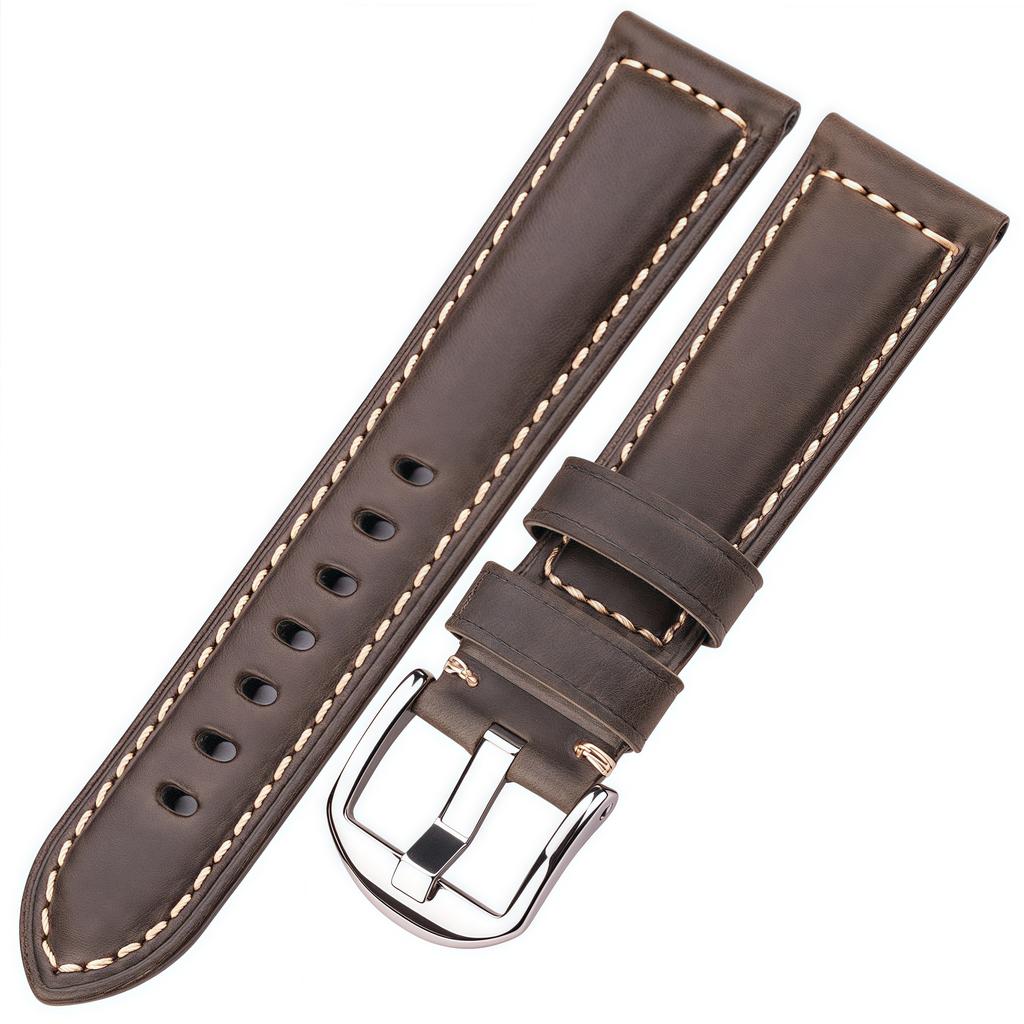 20mm 22mm 24mm 26mm First Layer Oil Wax Cowhide Padded Leather Watch Strap Screw-in Stainless Buckle Vintage Style Band