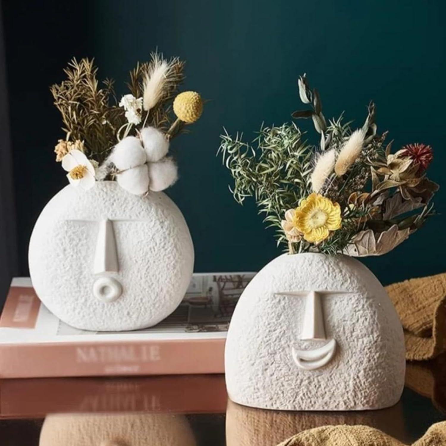 

Ceramic White Kiss Face Vase | Vases for Home Decor Decorative Vase for Dried Flowers and Pampas Grass - Set of 2