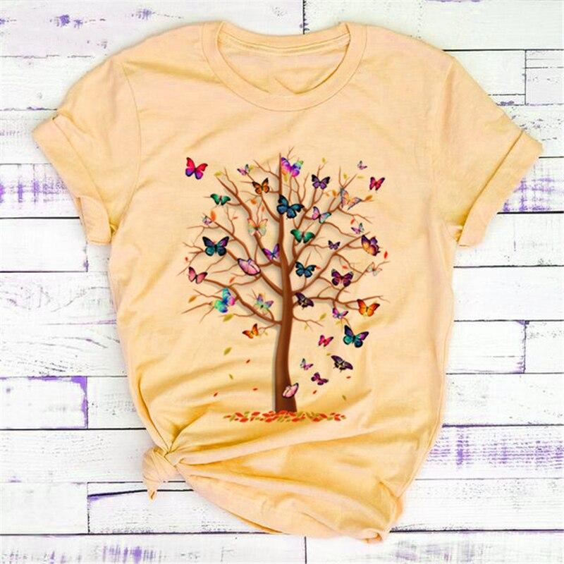 

Женская летняя футболка с принтом в виде бабочек и деревьев, в стиле ретро, с коротким рукавом, повседневная, с принтом, топы 8XL жёлтый