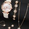 Elegant Ladies Watch 6-Piece Set Heart Ring Necklace Earrings Bracelet Set PU Strap Ladies Quartz Watch