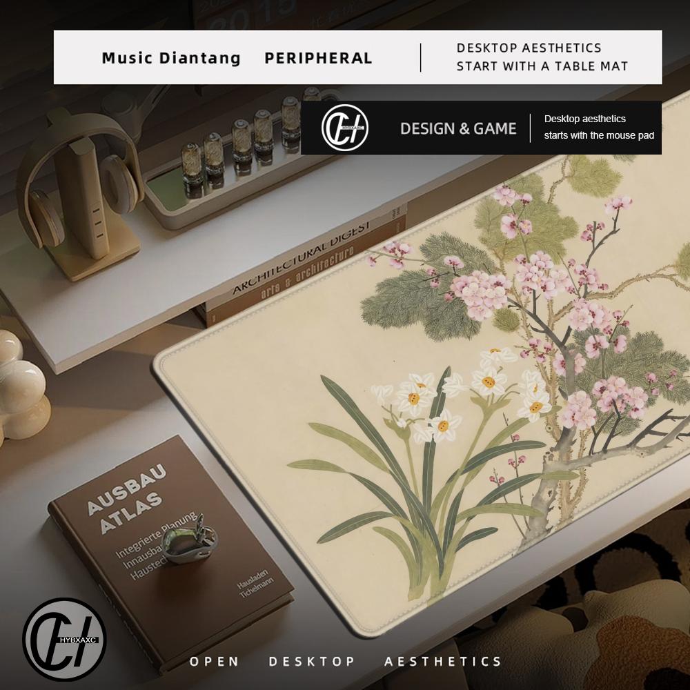 HYBXAXC Office Desktop XXL Keyboard Pad Natural Rubber Non-Slip Mouse Pad Chinese Style Flower And Bird Painting Gamer Mousepad