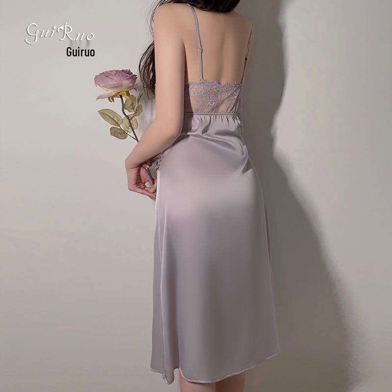 Silky Satin Lace Pajama Set with Chest Pad and Outer Robe - P4105