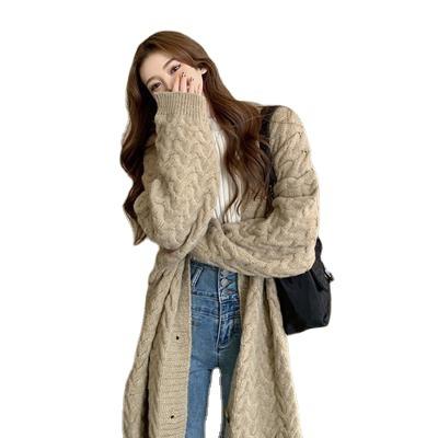 Knitted cardigan jacket women's Korean version twist autumn and winter knee versatile lazy wind loose thickened long outer sweater