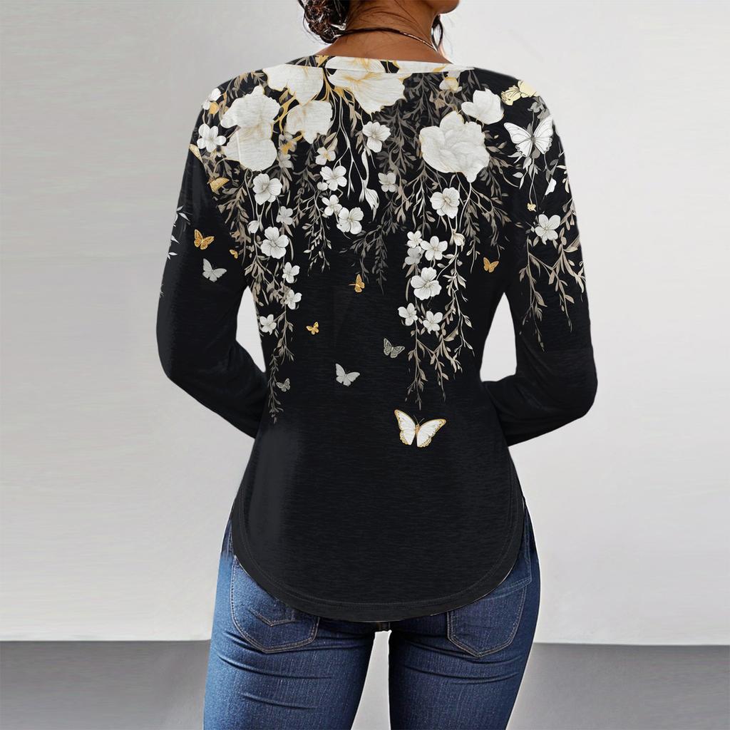 Damen T-Shirts Niedlich Vintage Musterdruck T-Shirt Langarm Tunika Oberteile Baumwolle Pullover