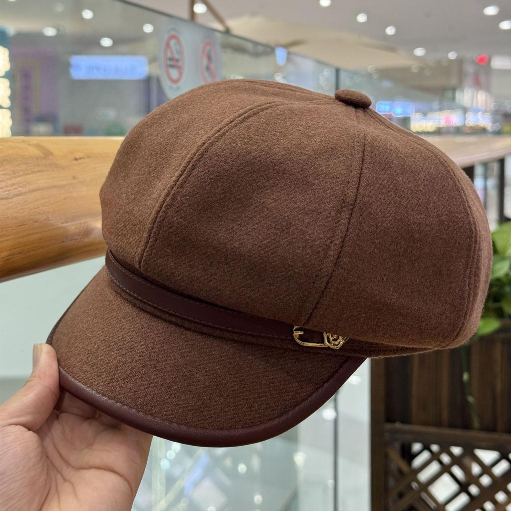 Fashion Hat Autumn Ladies Flower Metal Standard Leather Brim Octagonal Hat Warm Retro Temperament Duck Tongue Newsboy Hat