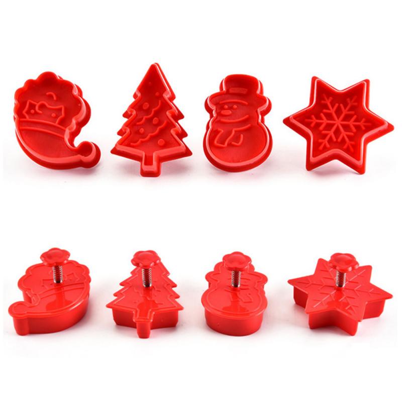 4pcs Stamp Biscuit Mold 3D Cookie Plunger Cutter Pastry Decorating DIY Food Fondant Baking Mould Tool Christmas Tree Snowman