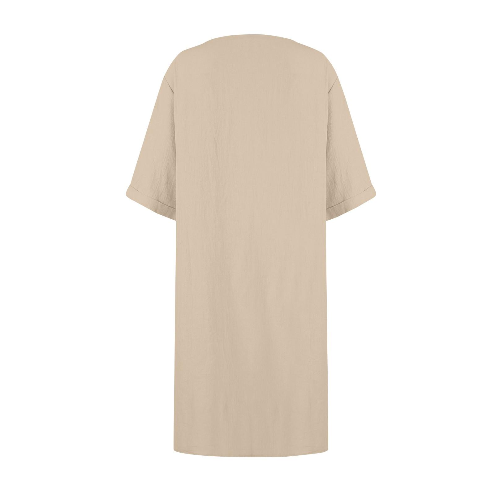 Платье средней длины из хлопка и льна с V-образным вырезом и короткими рукавами — фото 5