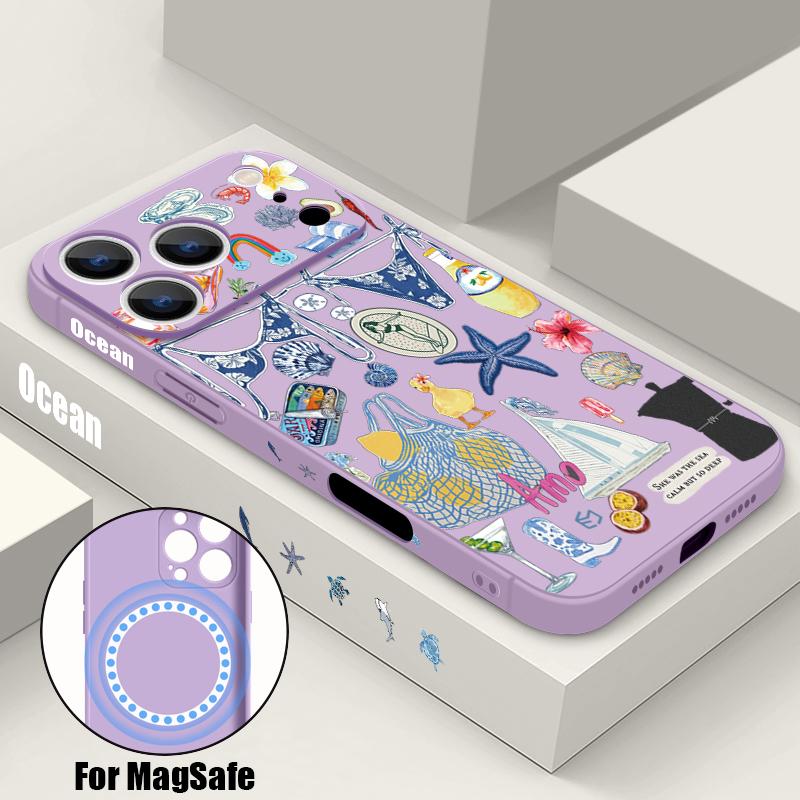 Contrast Color Cartoon Fish Conch Pattern Case For iPhone 16 Pro Max Magnetic For Magsafe Soft Cover For iPhone 17 15 14 13 Pro Max 17E 16E