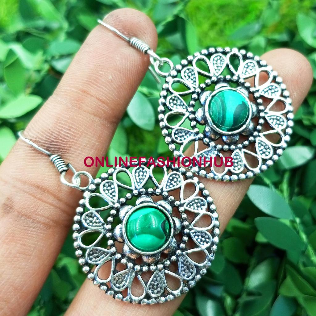 Malachite Gemstone 925 Sterling Silver Plated Woman Ethnic 1 PC Earring