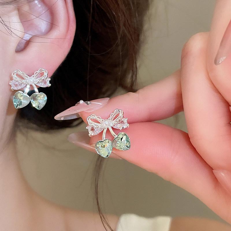 2025 Trendy Korean Micro-Inlaid Zircon Bow Earrings with S925 Silver Needle and Pearl for Women
