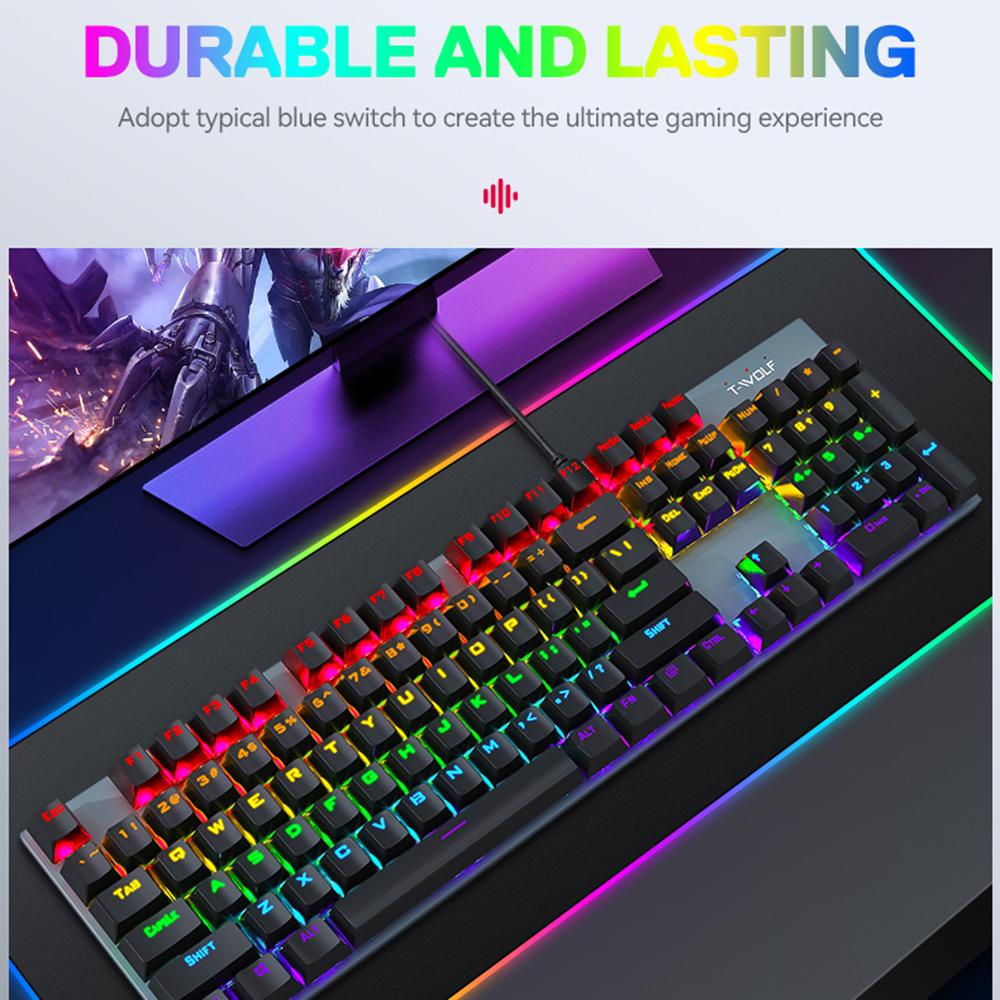 T-WOLF T17 USB Wired Keyboard 104-Key Color Backlit Computer Gaming Mechanical Keyboard