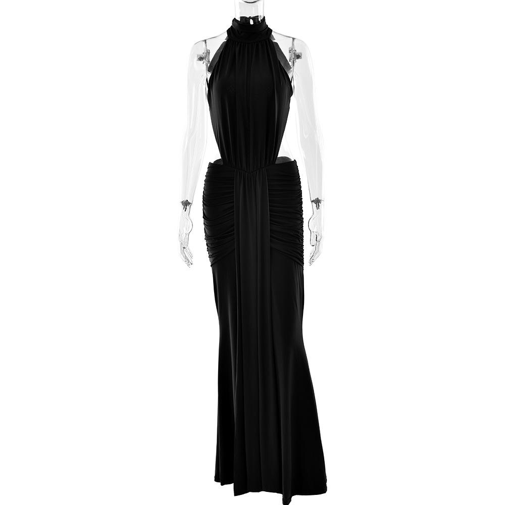 Sexy and elegant neck halter dress waist hollow pleats slim fishtail dress dress